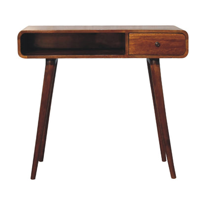 Front view of Curved Chestnut Writing Desk showing drawer, open slot and Nordic legs