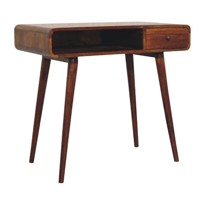 Left side view of Curved Chestnut Writing Desk in solid mango wood with chestnut finish