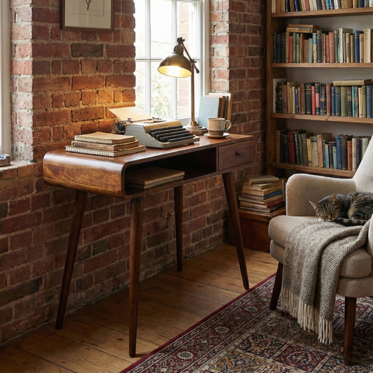 Curved Chestnut Writing Desk styled in a home office or study interior