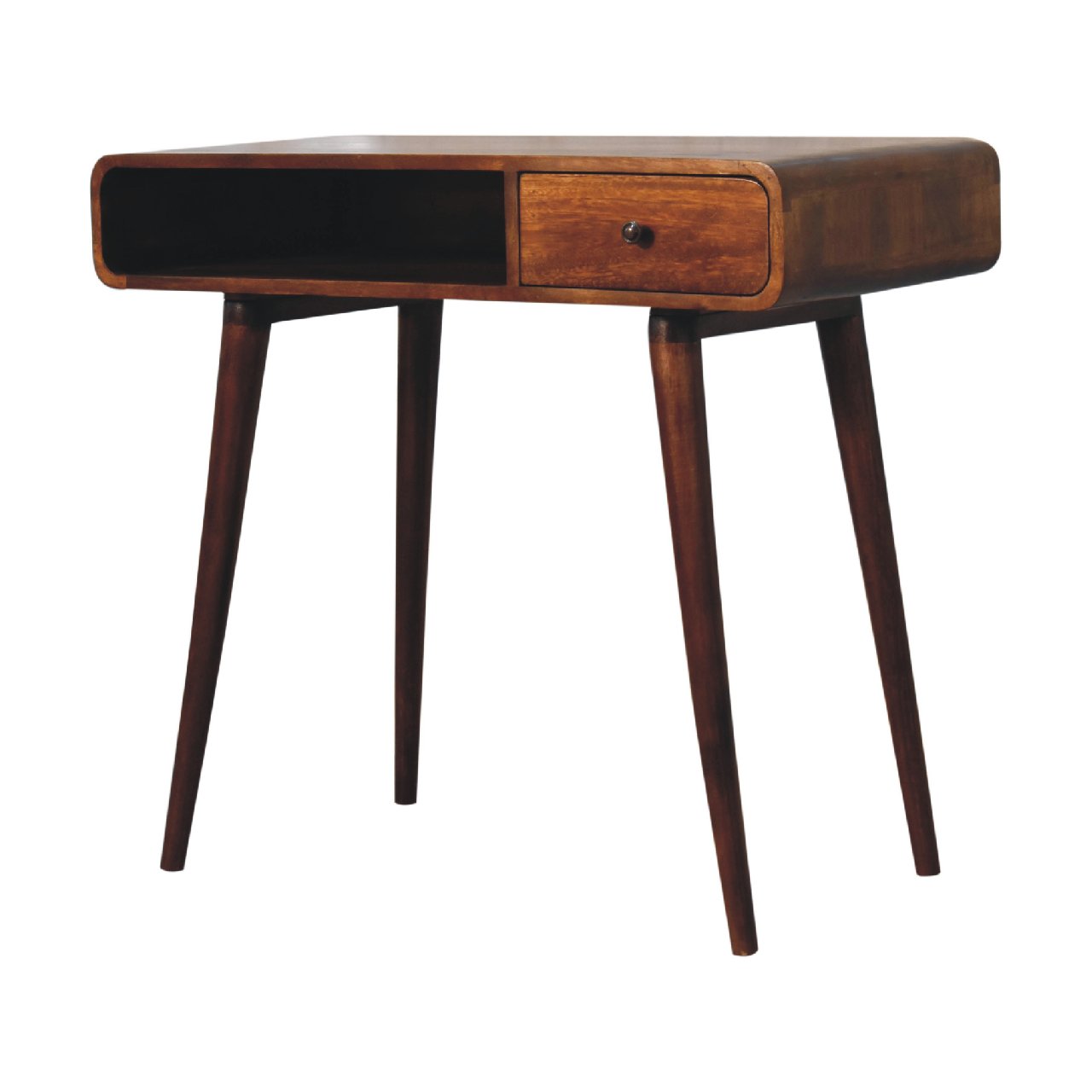 Right side view of Curved Chestnut Writing Desk showing curved edges and Nordic legs