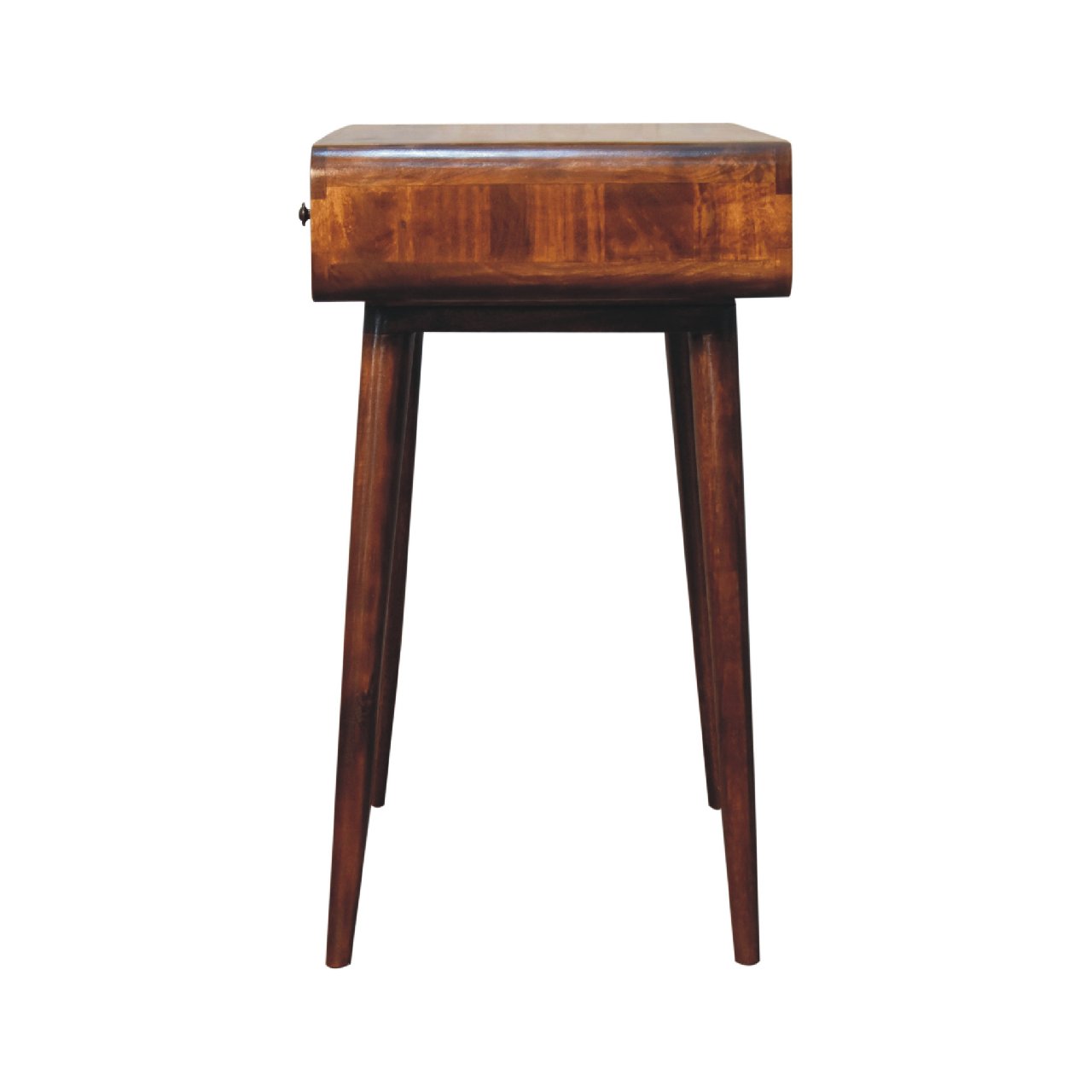 Side profile of Curved Chestnut Writing Desk showing full height, depth and Nordic legs