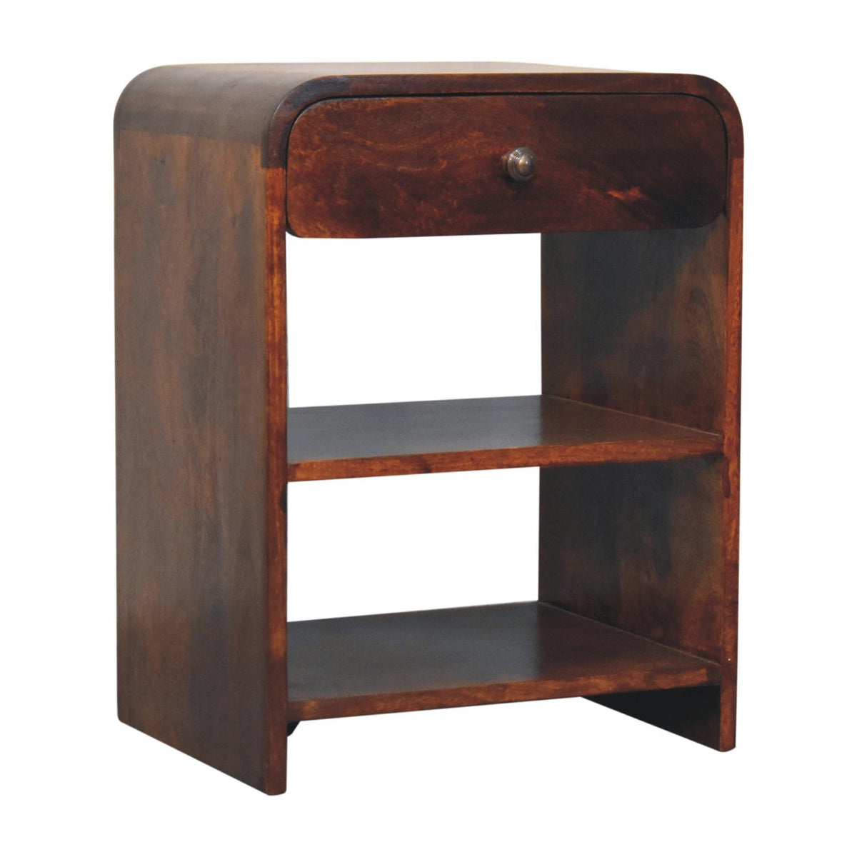 Angled right view of a solid mango wood open bedside table in chestnut, highlighting the spacious shelves and single top drawer.