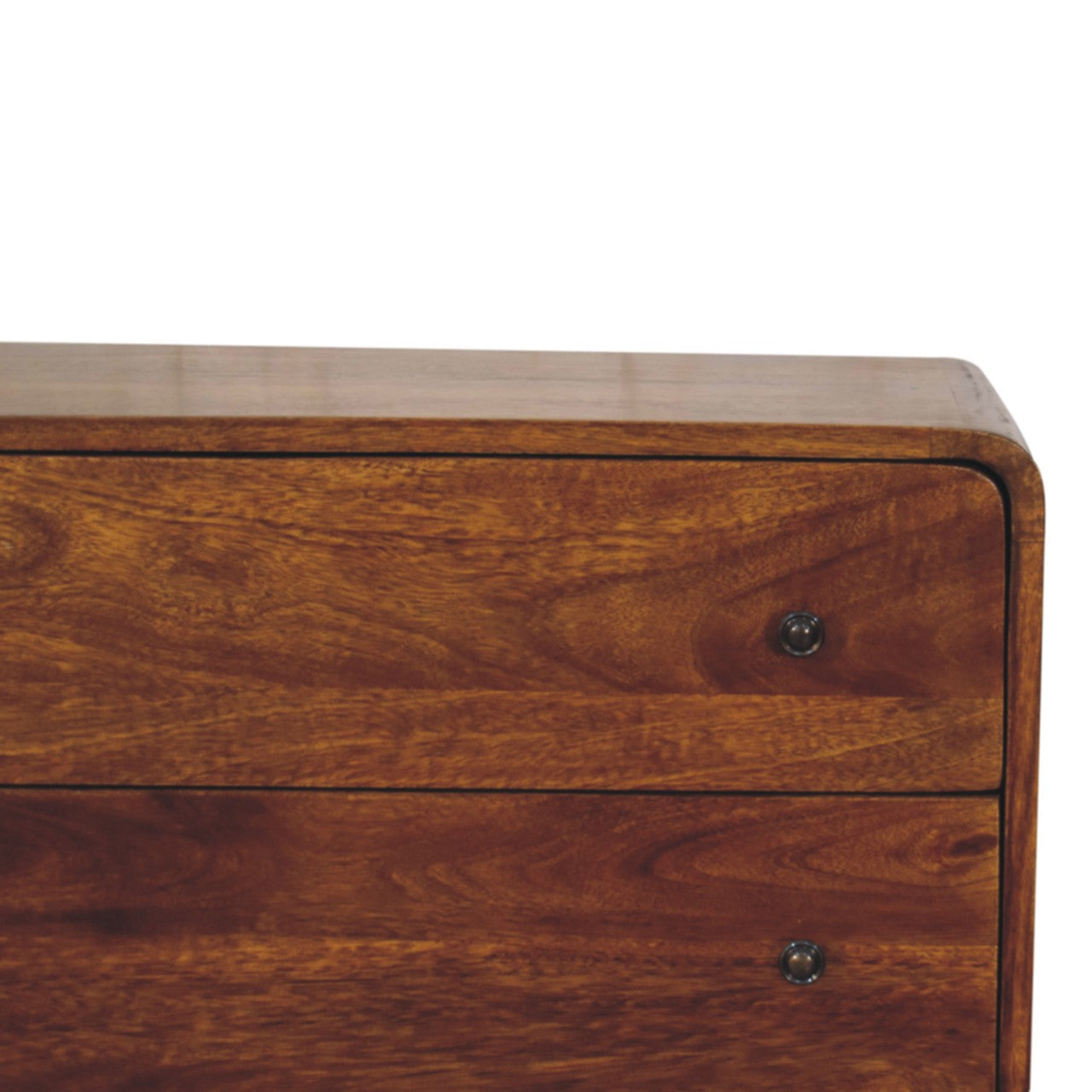 Close front right angle of Curved Nordic Charm Cabinet showing brass knob and chestnut finish detail