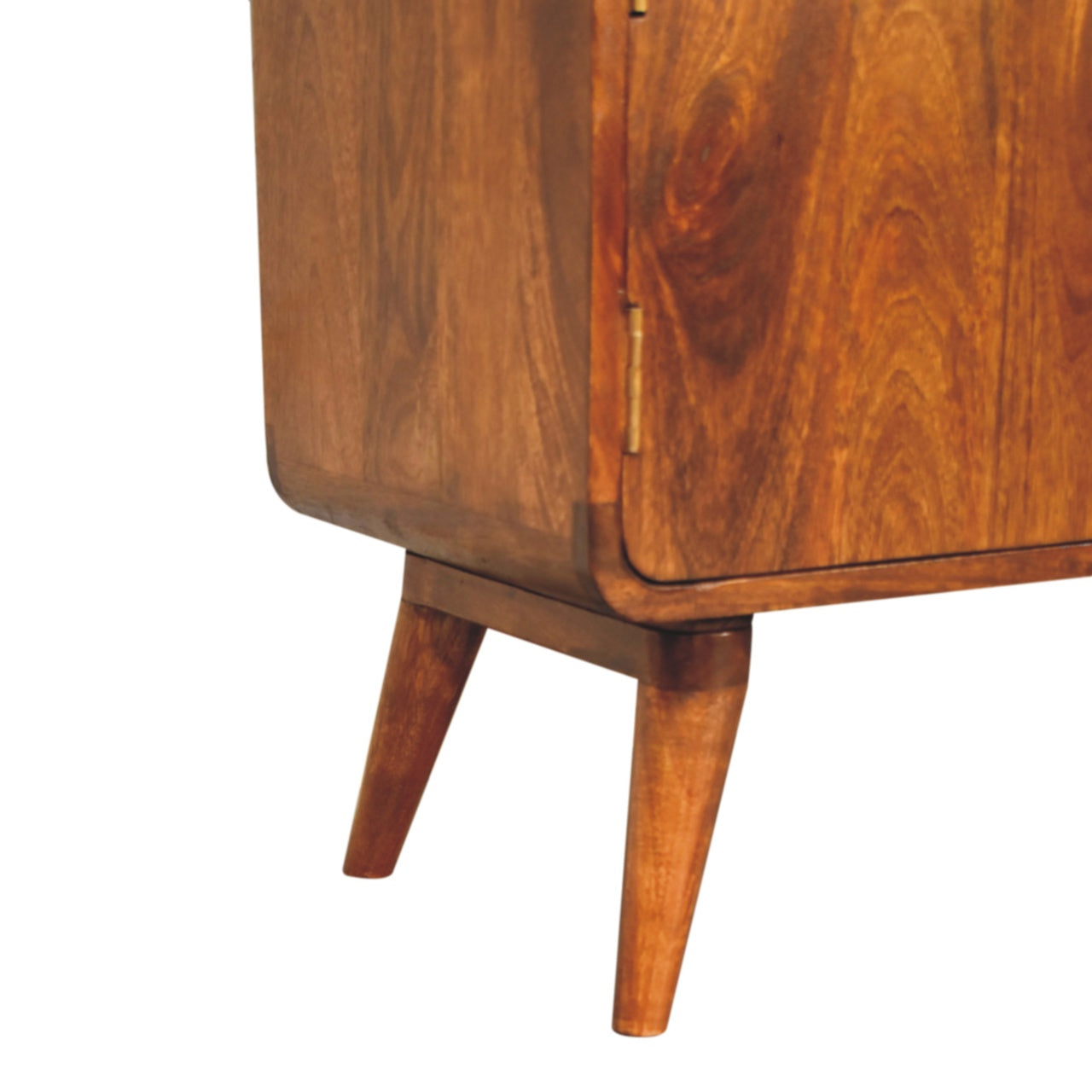 Lower left angle of Curved Nordic Charm Cabinet highlighting Nordic-style legs