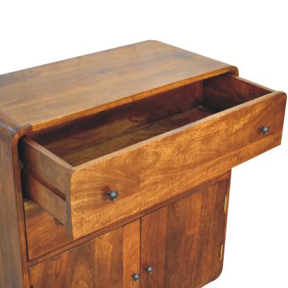 Upper left angle of Curved Nordic Charm Cabinet with drawer open showing interior storage