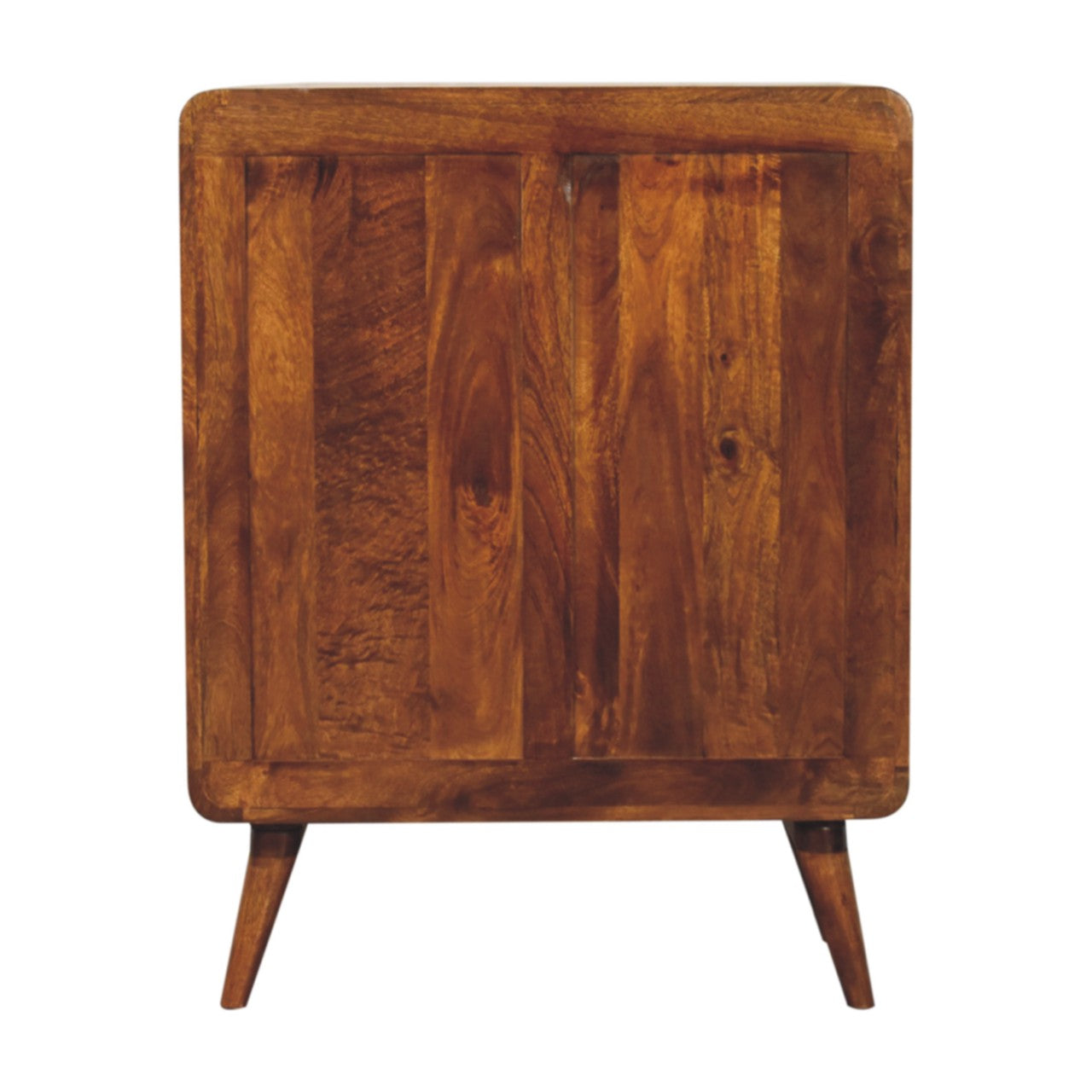 Back view of Curved Nordic Charm Cabinet in solid mango wood with chestnut finish