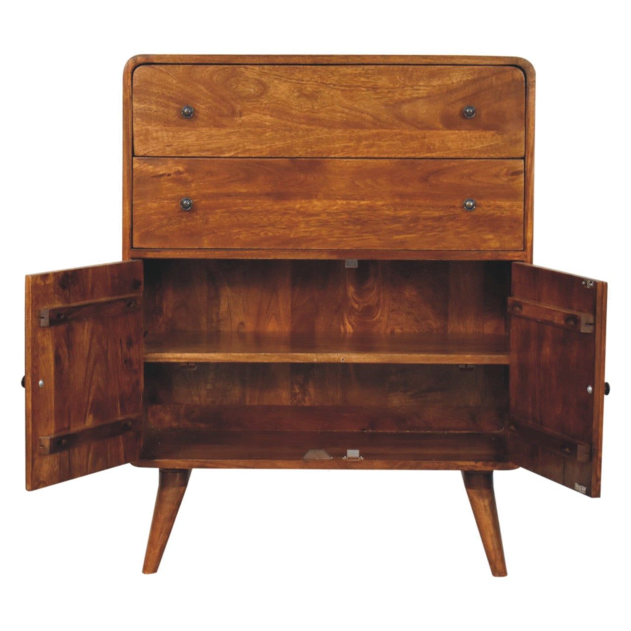 Front view of Curved Nordic Charm Cabinet with cabinet doors open showing 2 internal storage slots