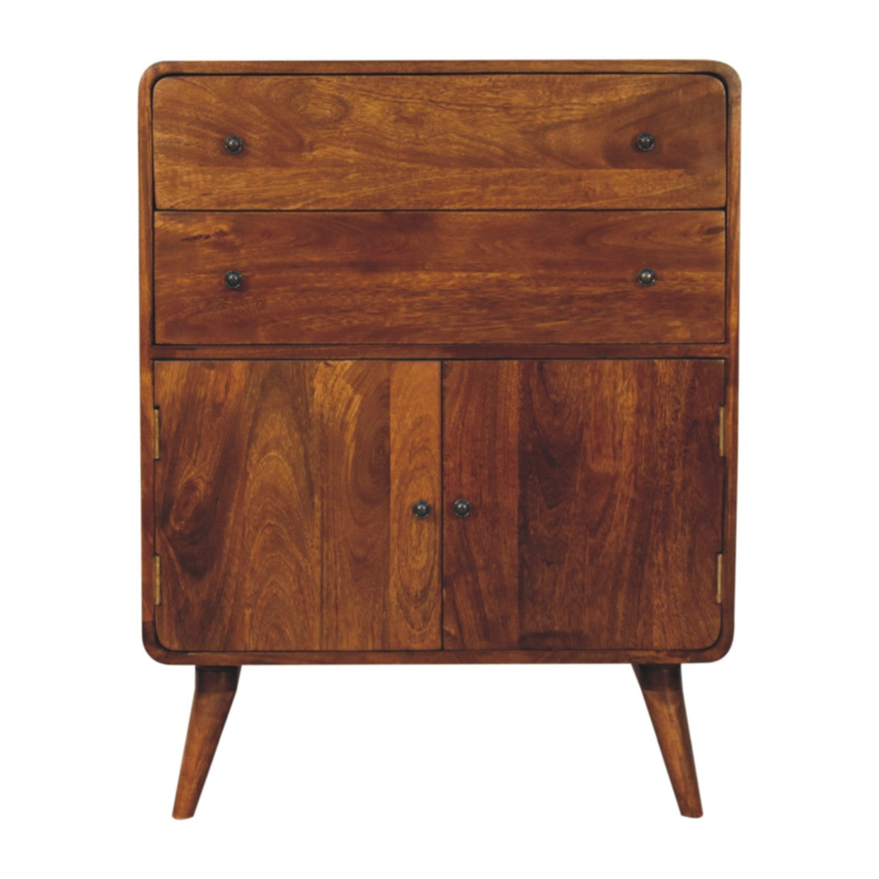 Front view of Curved Nordic Charm Cabinet showing 2 drawers with brass knobs, dual-door cabinet and Nordic legs
