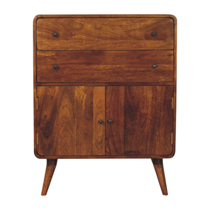 Front view of Curved Nordic Charm Cabinet showing 2 drawers with brass knobs, dual-door cabinet and Nordic legs