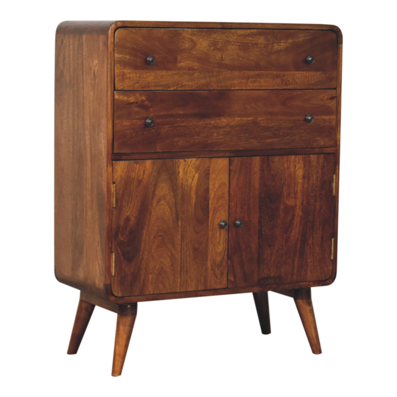 Left side view of Curved Nordic Charm Cabinet in solid mango wood with chestnut finish