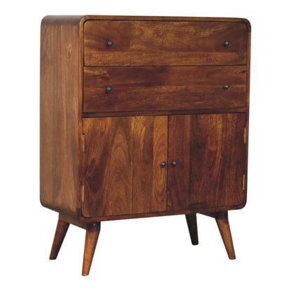 Left side view of Curved Nordic Charm Cabinet in solid mango wood with chestnut finish