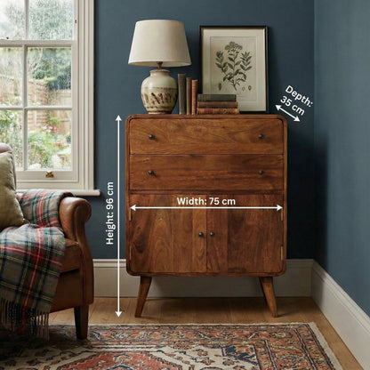 Curved Nordic Charm Cabinet with dimensions: 96 cm height, 75 cm width, 35 cm depth