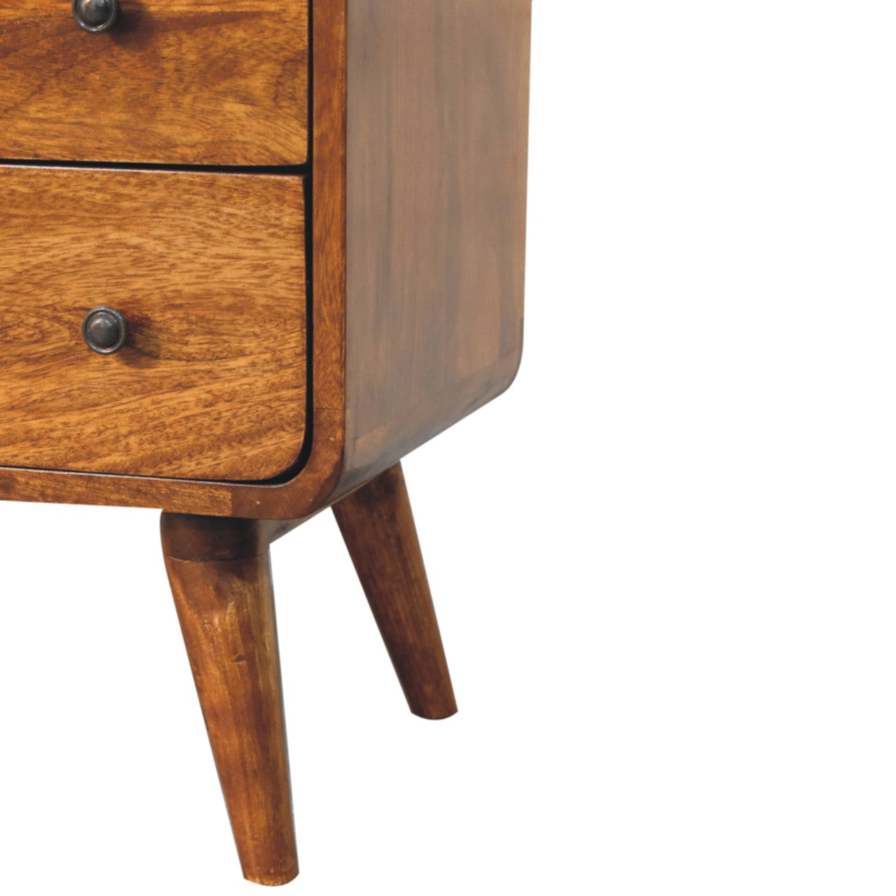 Lower right angle of Curved Nordic Charm Chest highlighting Nordic-style legs