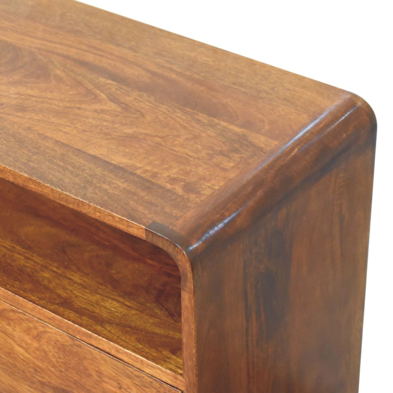 Close top right angle of Curved Nordic Charm Chest showing natural mango wood grain and chestnut finish
