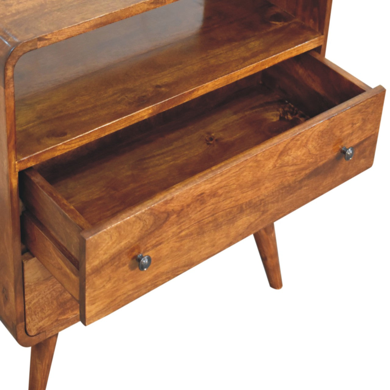 Upper left angle of Curved Nordic Charm Chest with drawer open showing interior storage and open shelf