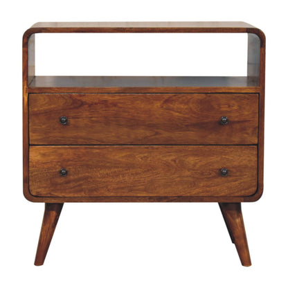 Front view of Curved Nordic Charm Chest showing 2 drawers with brass black knobs, open shelf and Nordic legs