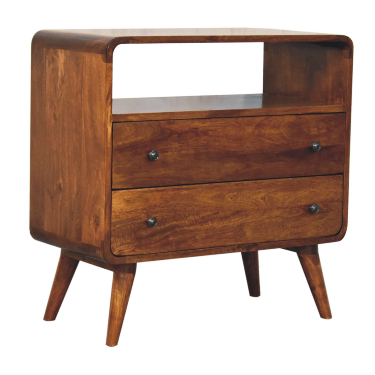 Left side view of Curved Nordic Charm Chest in solid mango wood with chestnut finish
