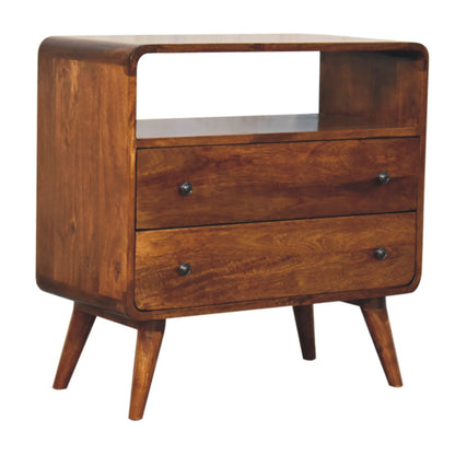 Left side view of Curved Nordic Charm Chest in solid mango wood with chestnut finish