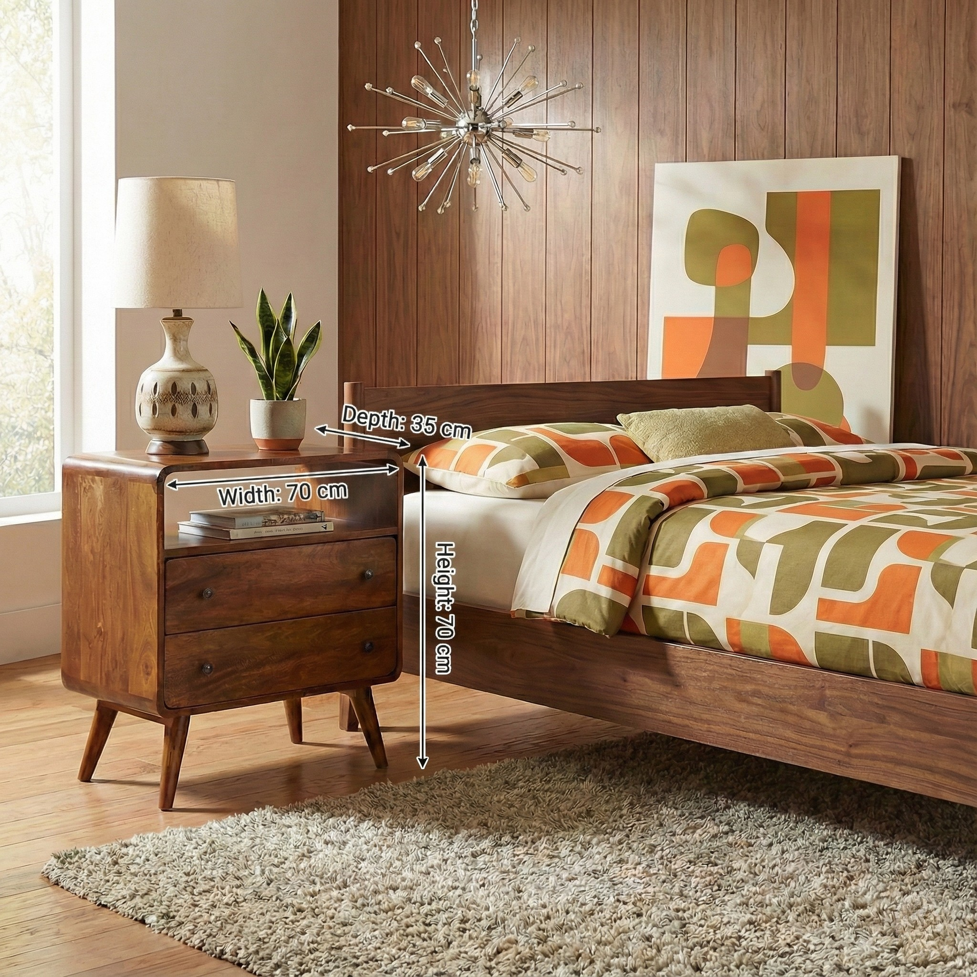 Curved Nordic Charm Chest with dimensions: 70 cm height, 70 cm width, 35 cm depth