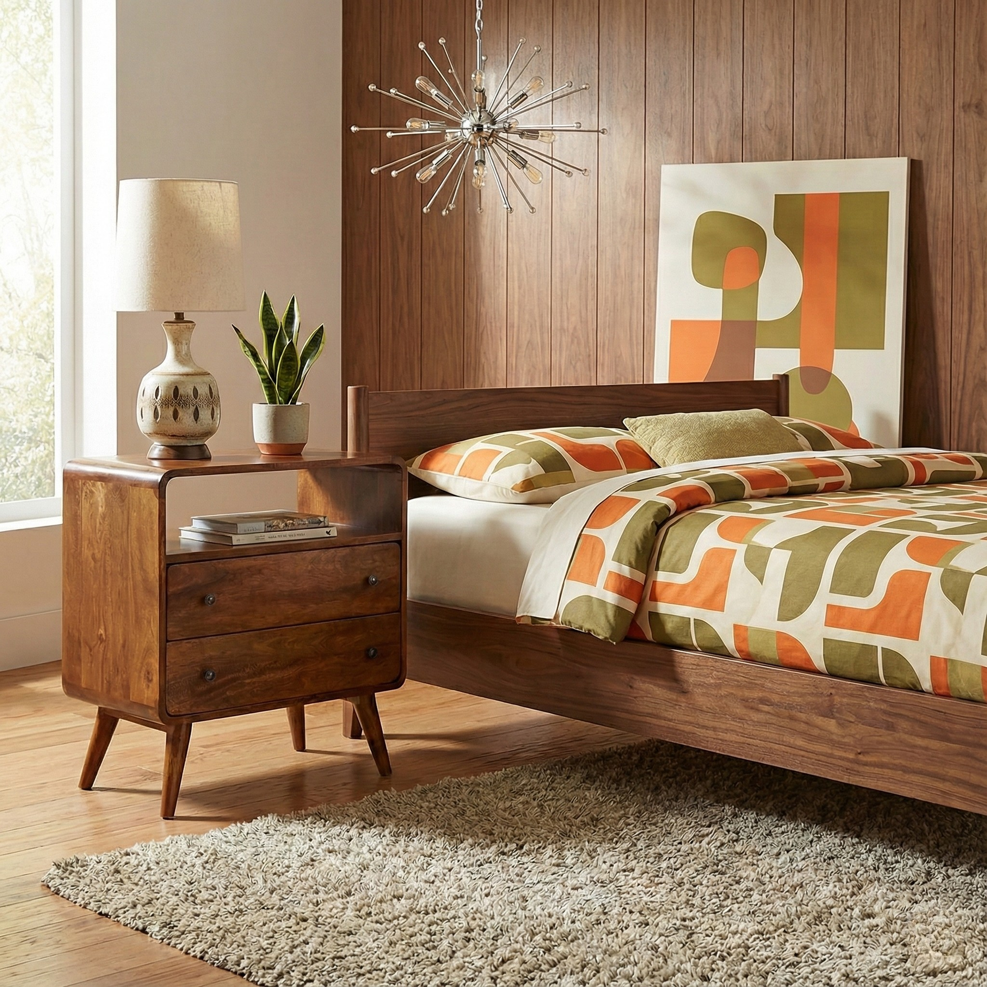 Curved Nordic Charm Chest in chestnut finish styled in a living room, hallway or bedroom interior