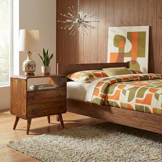 Curved Nordic Charm Chest in chestnut finish styled in a living room, hallway or bedroom interior