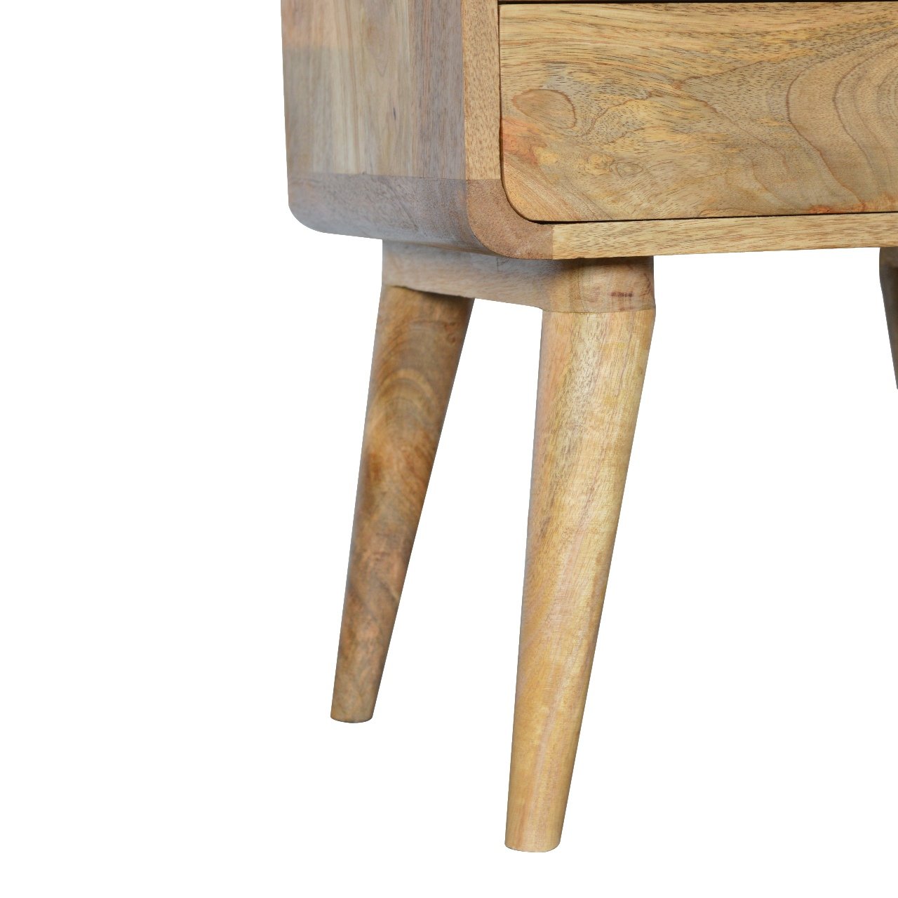 Close lower left angle of Curved Oak-ish Bedside showing Nordic-style legs and base detail