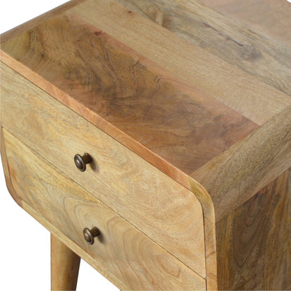 Close top right angle of Curved Oak-ish Bedside showing natural mango wood grain and oak-ish finish