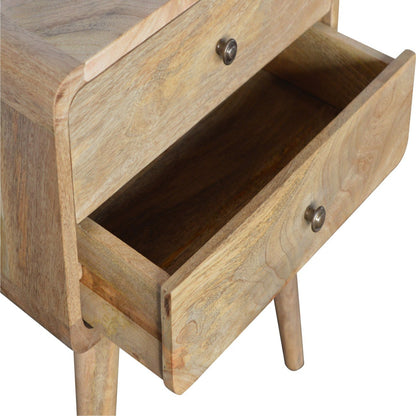 Close upper left angle of Curved Oak-ish Bedside with drawer open showing interior storage