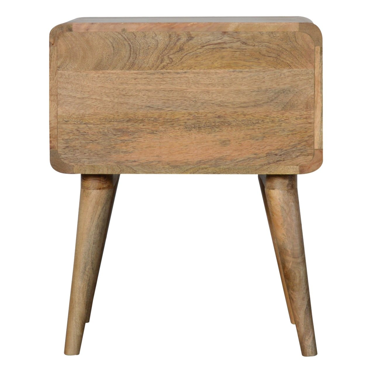 Back view of Curved Oak-ish Bedside in solid mango wood with oak-ish finish