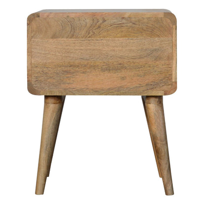 Back view of Curved Oak-ish Bedside in solid mango wood with oak-ish finish