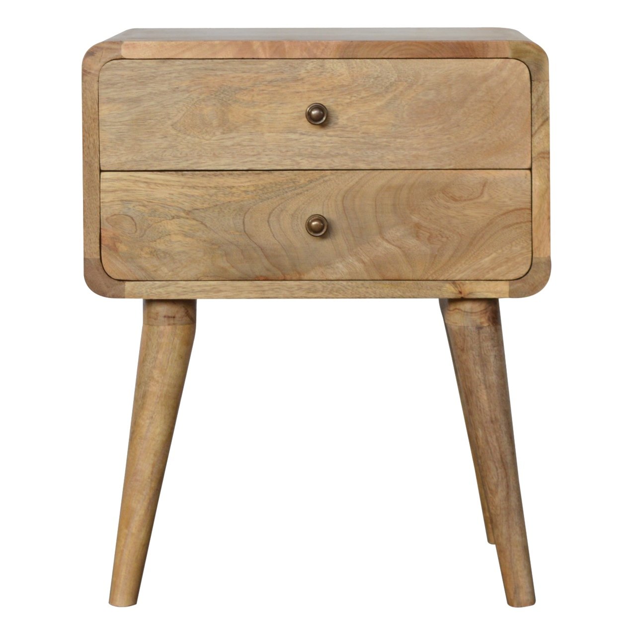 Front view of Curved Oak-ish Bedside showing 2 drawers with shiny knobs and Nordic legs