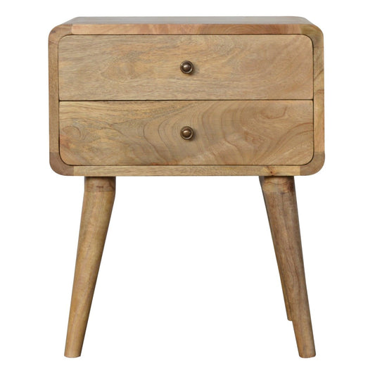 Front view of Curved Oak-ish Bedside showing 2 drawers with shiny knobs and Nordic legs
