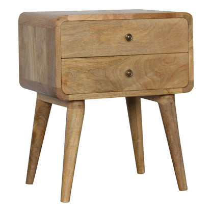Left side view of Curved Oak-ish Bedside in solid mango wood with oak-ish finish