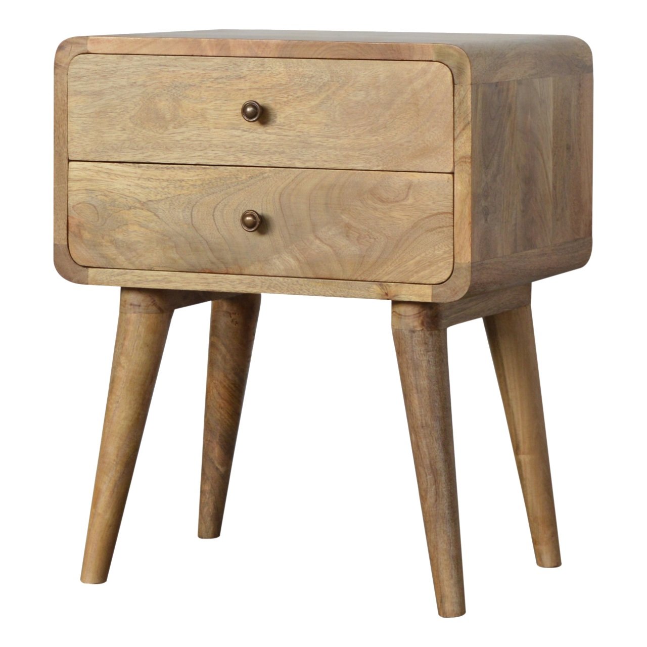 Right side view of Curved Oak-ish Bedside showing curved edges and Nordic legs