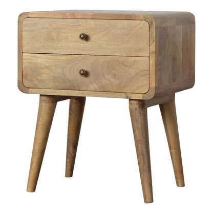 Right side view of Curved Oak-ish Bedside showing curved edges and Nordic legs