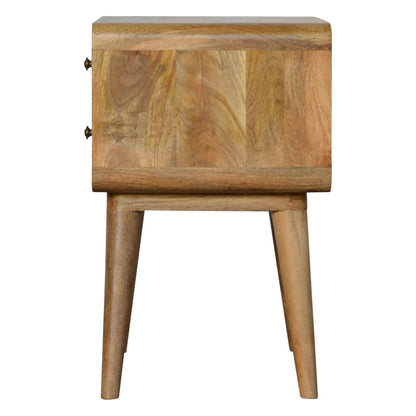 Side profile of Curved Oak-ish Bedside showing full height and Nordic legs