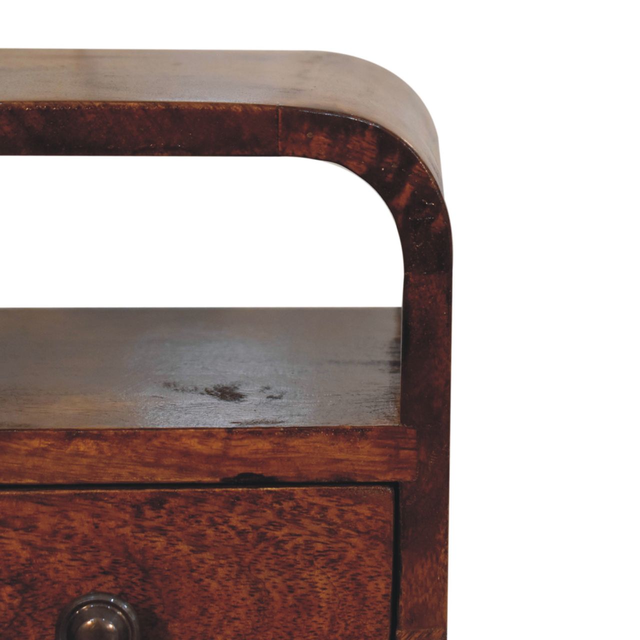 Close front right angle of Extra Mini Chestnut Curve Open Slot Bedside showing curved edges and chestnut finish detail
