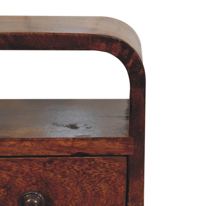 Close front right angle of Extra Mini Chestnut Curve Open Slot Bedside showing curved edges and chestnut finish detail