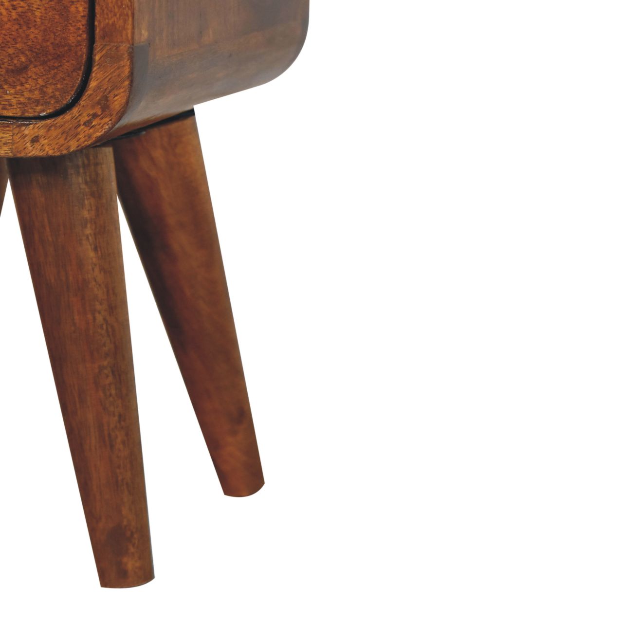 Lower right angle of Extra Mini Chestnut Curve Open Slot Bedside highlighting Nordic-style legs