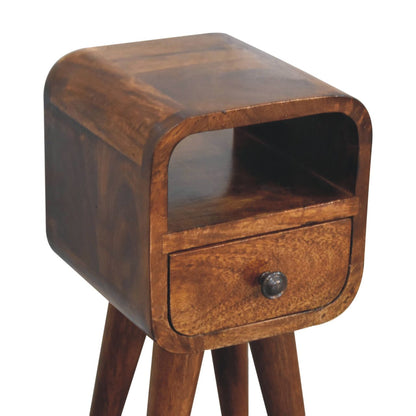 Top left angle view of Extra Mini Chestnut Curve Open Slot Bedside showing surface and chestnut finish