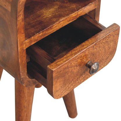 Close upper left angle of Extra Mini Chestnut Curve Open Slot Bedside with drawer open showing open slot and interior storage
