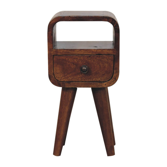 Front view of Extra Mini Chestnut Curve Open Slot Bedside showing drawer, open slot and Nordic legs