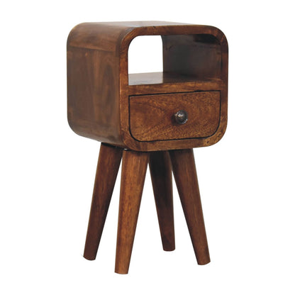 Left side view of Extra Mini Chestnut Curve Open Slot Bedside in solid mango wood with chestnut finish