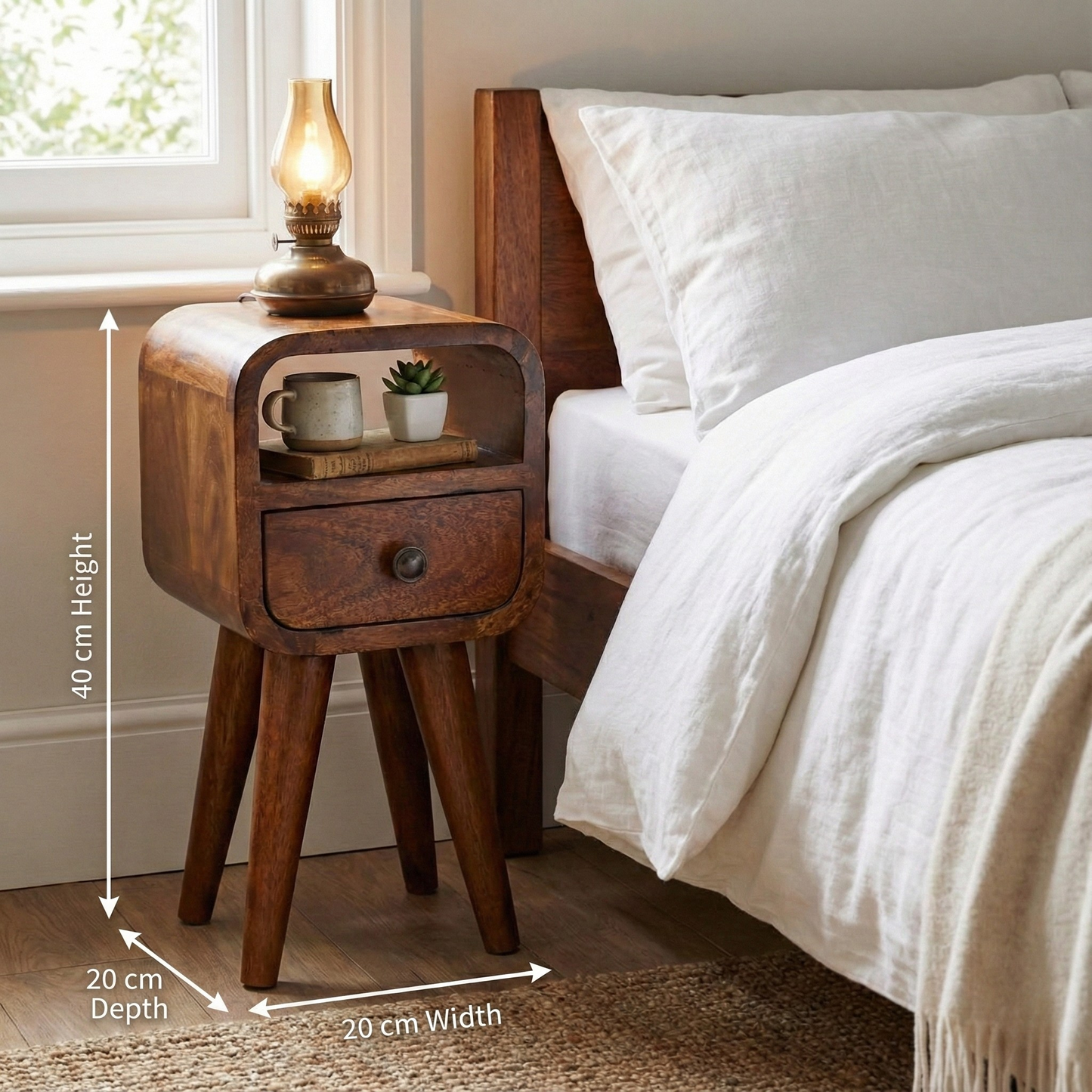 Extra Mini Chestnut Curve Open Slot Bedside with dimensions: 40 cm height, 20 cm width, 20 cm depth