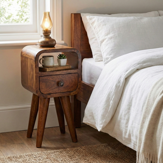 Extra Mini Chestnut Curve Open Slot Bedside styled in a bedroom or living space interior