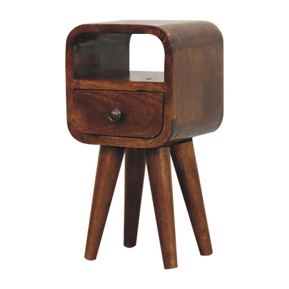 Right side view of Extra Mini Chestnut Curve Open Slot Bedside showing curved edges and Nordic legs