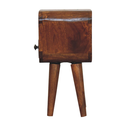 Side profile of Extra Mini Chestnut Curve Open Slot Bedside showing full height and Nordic legs