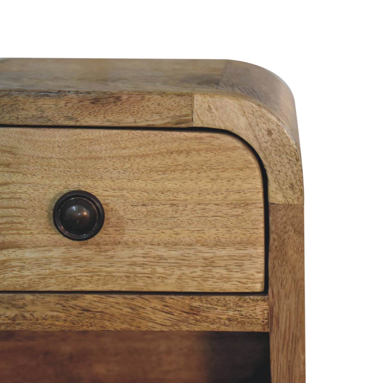 Close front right angle of Extra Mini Curved Oak Bedside showing curved edges and oak finish detail