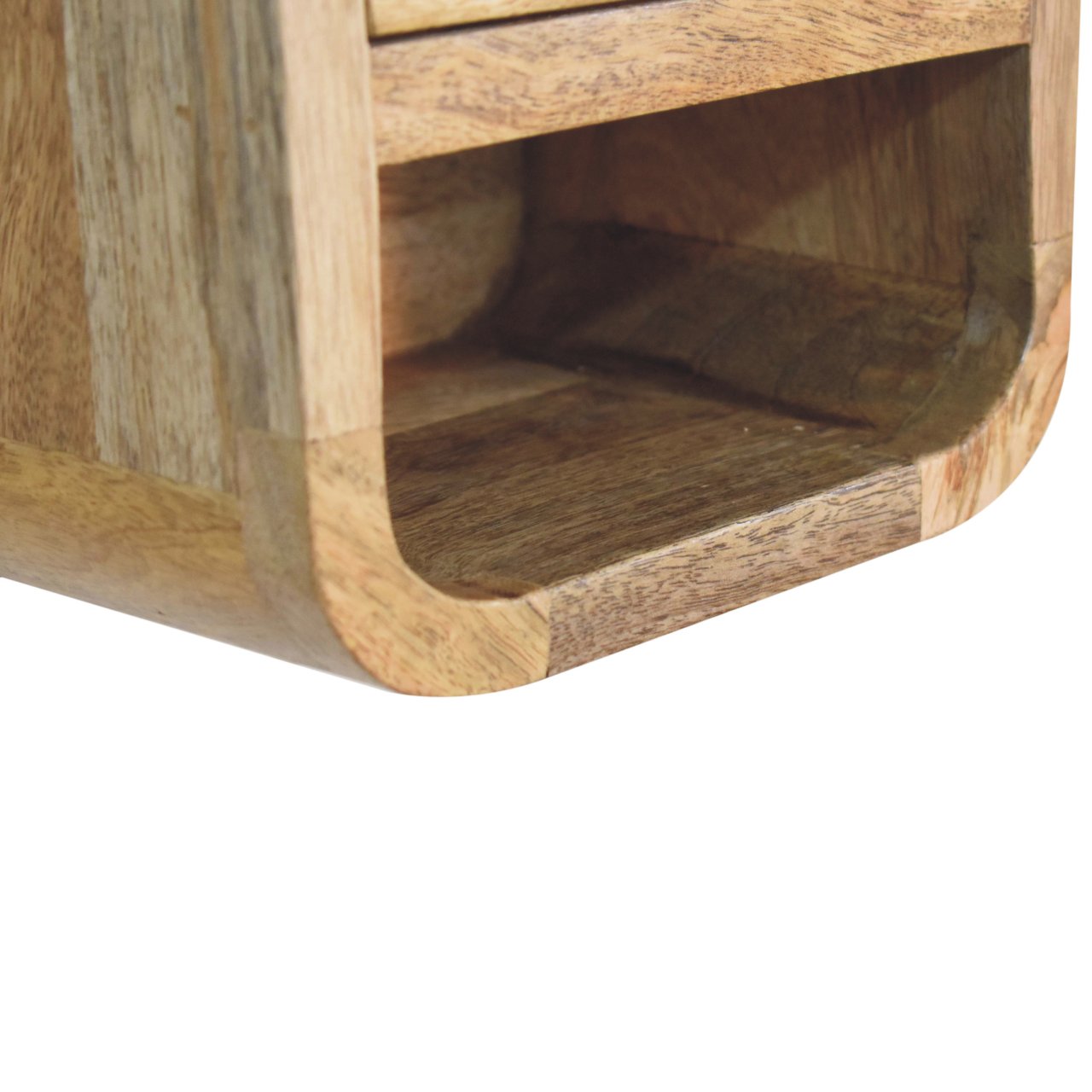 Lower left angle of Extra Mini Curved Oak Bedside highlighting open lower shelf 