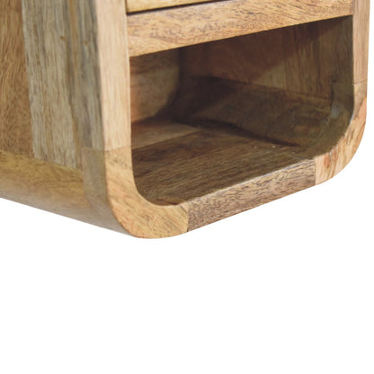 Lower left angle of Extra Mini Curved Oak Bedside highlighting open lower shelf 